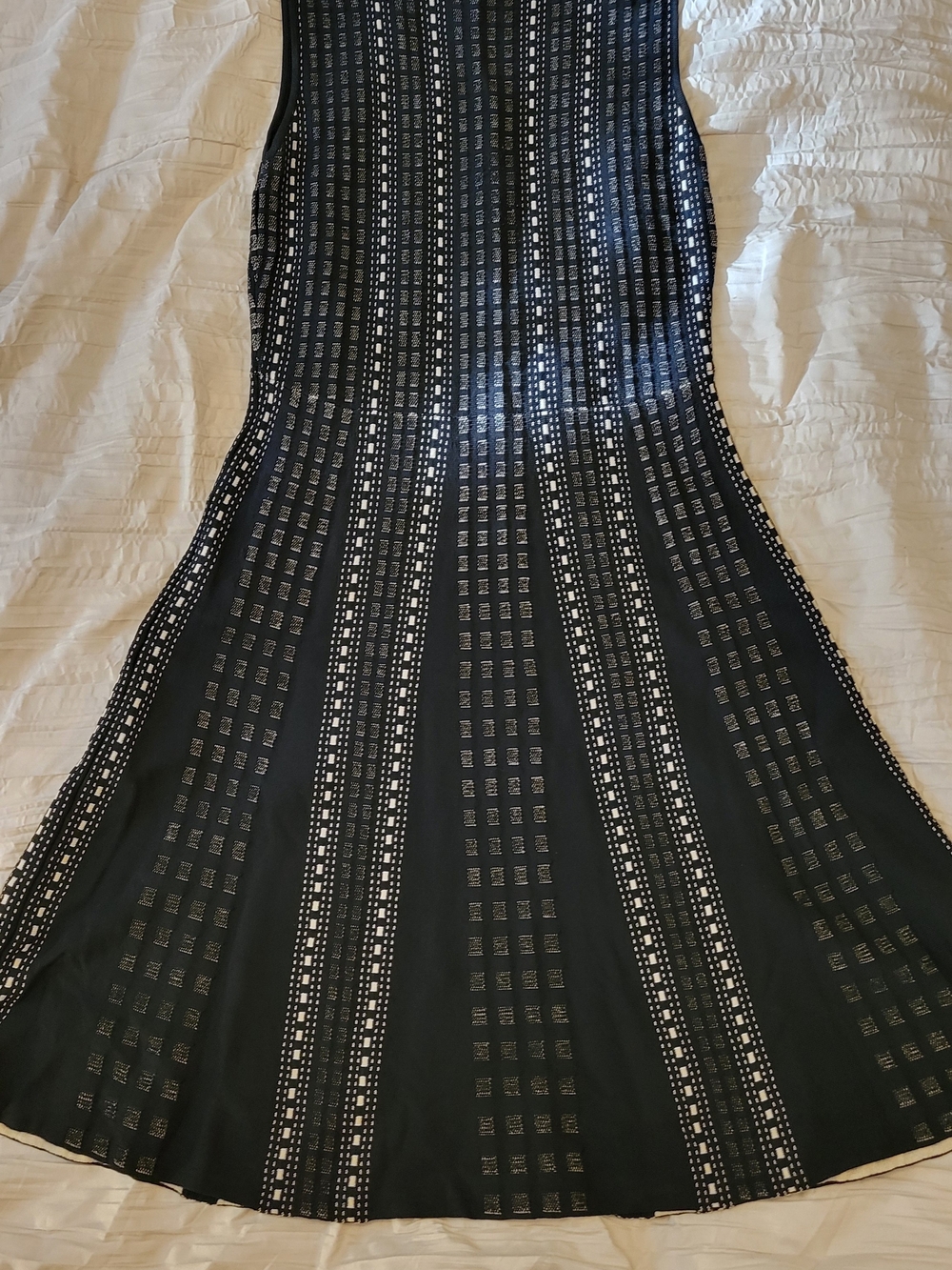 Luxe By Carmen Marc Valvo Black Midi Dress with Cream Eyelet Stripe Detail